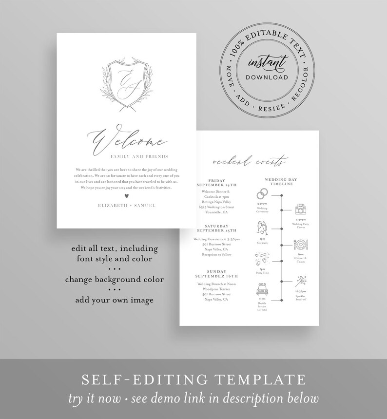 Wedding Itinerary, Welcome Letter Template, Welcome Bag Note, Order of Events, Agenda, Icon Timeline, 100% Editable, Templett 0007-154WB image 3