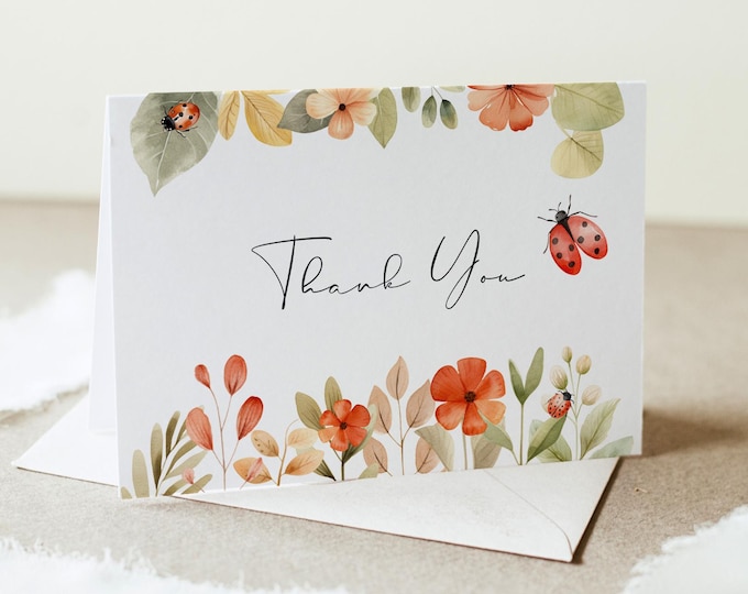 Ladybug Thank You, Love Bug Baby Shower, Birthday, Flat & Folded Card, Editable Template, Instant Download, Templett #0069-246TYC