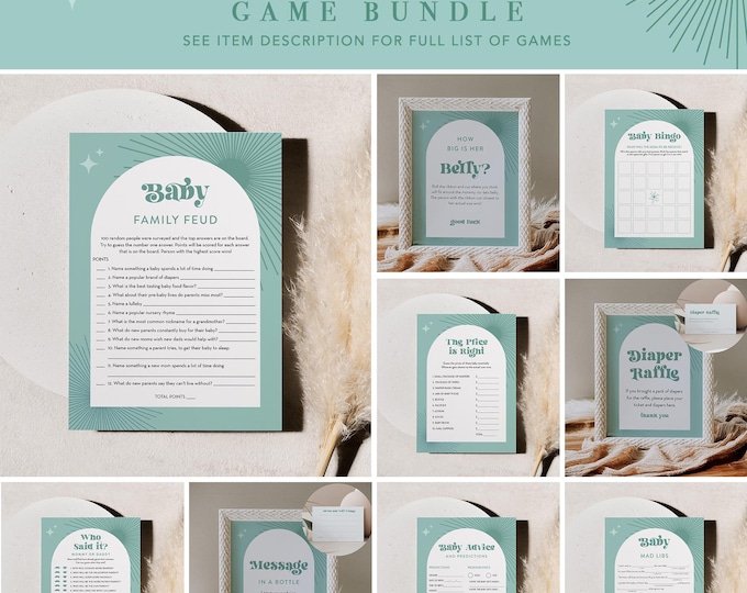 Retro Baby Shower Game Bundle, 28 Games, Mid Century, Groovy, Girl Baby Shower, Editable Template, Instant Download, Templett #0050-BBGB