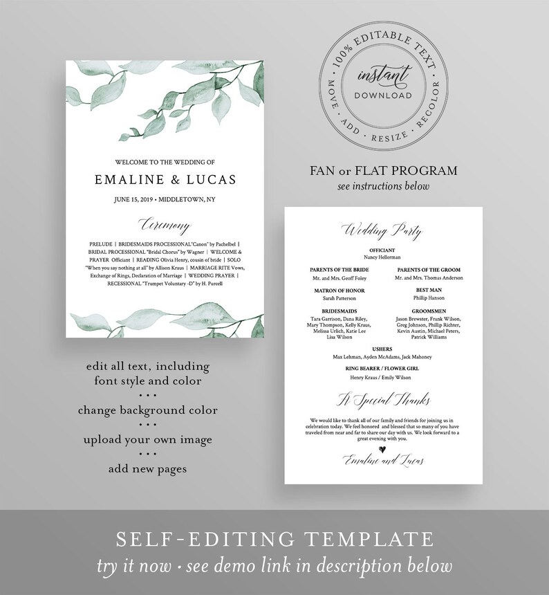Wedding Fan Program Template Fan or Flat INSTANT DOWNLOAD Etsy