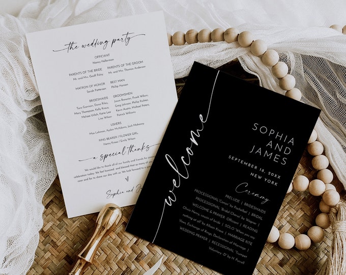 Classic Black Wedding Program Fan, Wedding Ceremony Template, Editable, Order of Service, Instant Download, Templett, 5x7 #0034B-182WP