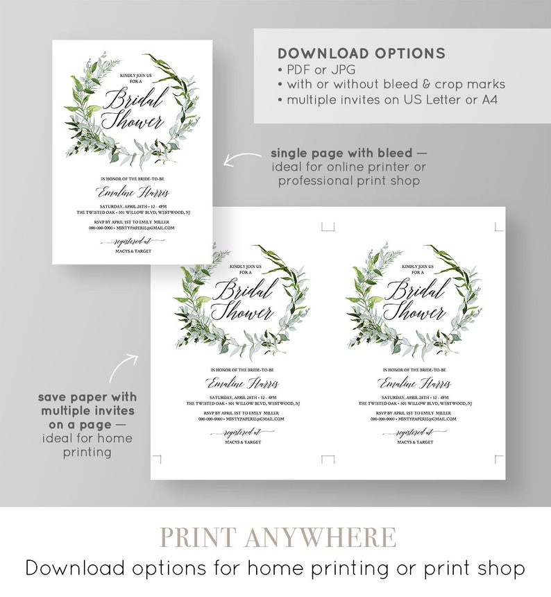 Watercolor Wreath Bridal Shower Invitation Template Greenery Wedding Shower Invite 100/% Editable Template Instant Download #016-108BS