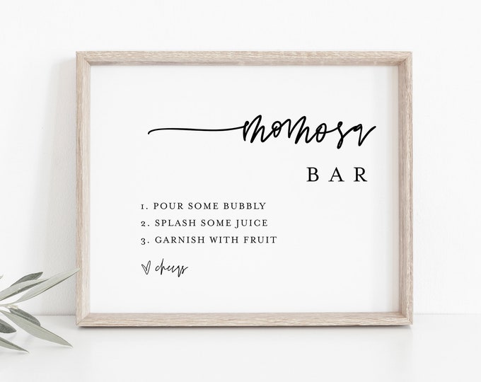 Momosa Bar Sign & Tag, Minimalist Baby Shower Mimosa Sign, Bubbly Bar, Editable Template, Printable, Instant Download, Templett  #0009-19S