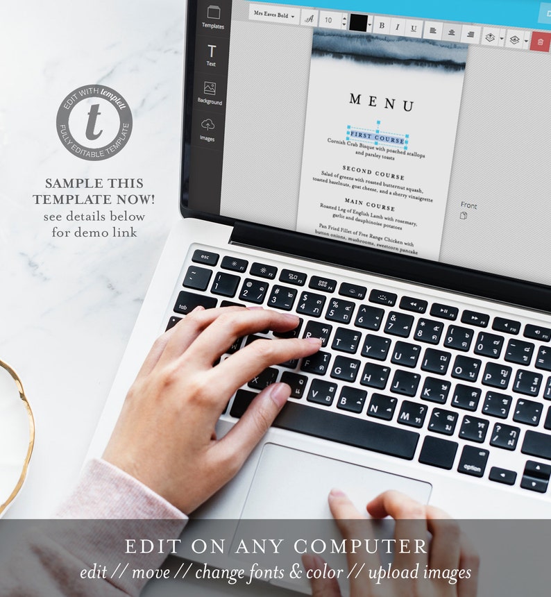 May include: A laptop computer with a white keyboard and a screen displaying a menu template. The menu template has a blue watercolor background and text that reads "MENU" and lists different courses. The text "EDIT ON ANY COMPUTER" is displayed below the laptop.