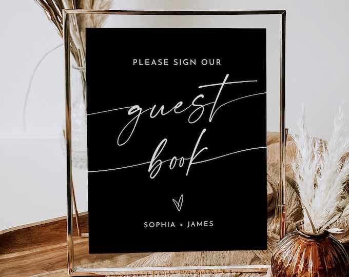 Wedding Guest Book Sign, Classic Black, Modern, Editable Template, Printable Guestbook, Tabletop Sign, Instant Download, Templett #0034B-01S