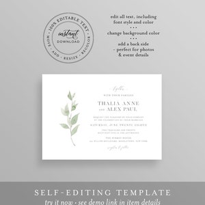 Minimalist Greenery Wedding Invitation, Delicate Whisper Laurels Wedding Invite, Editable Template, Instant Download, Templett 0004B2 image 4