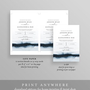 May include: Two wedding invitation designs with a watercolor background in shades of blue. The text on the invitations reads "Joseph Ryan and Alexandria Rae" with the date and time of the wedding. The text "Save Paper" and "1-Up" are also included, indicating the printing options available.