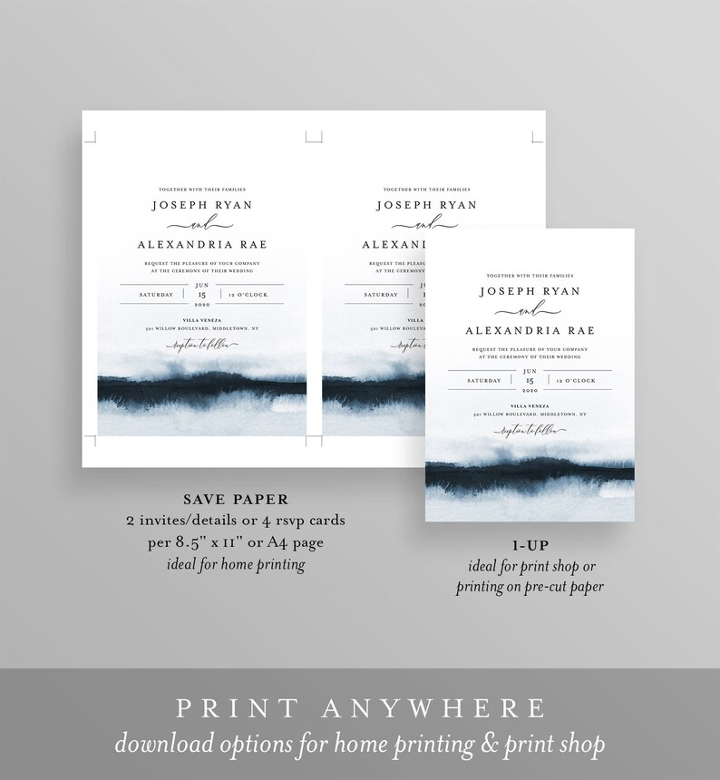 May include: Two wedding invitation designs with a watercolor background in shades of blue. The text on the invitations reads "Joseph Ryan and Alexandria Rae" with the date and time of the wedding. The text "Save Paper" and "1-Up" are also included, indicating the printing options available.