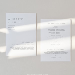 May include: A minimalist wedding ceremony program with a white background and black text. The program includes the names Andrew and Lulu, the date 9.23.2020, and the location New York. The program also includes the order of the ceremony, the wedding party, and a special thanks.