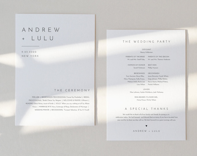 Minimalist Wedding Program, Fan or Flat Program, Modern & Simple Order of Service, Editable Template, Instant Download, Templett #094-427WP