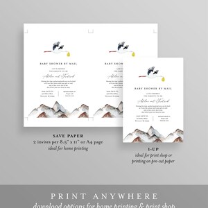May include: Printable baby shower invitation with a watercolor mountain range and a stork carrying a yellow egg. The text reads "Baby Shower by Mail Let's shower the parents-to-be Ablue and Folank".