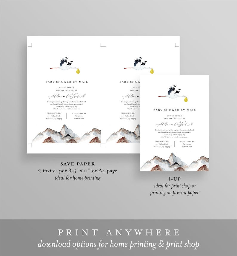 May include: Printable baby shower invitation with a watercolor mountain range and a stork carrying a yellow egg. The text reads "Baby Shower by Mail Let's shower the parents-to-be Ablue and Folank".