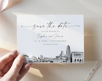 Pittsburgh Skyline Save the Date, Destination Wedding Pittsburgh PA Wedding Date, Editable Template, Instant, Templett, 5x7 #0047-212SD