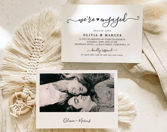 Engagement Invitation Announcement Template, We're Engaged Invite Printable, Modern Calligraphy, Fully Editable, Instant Download #030-204EP