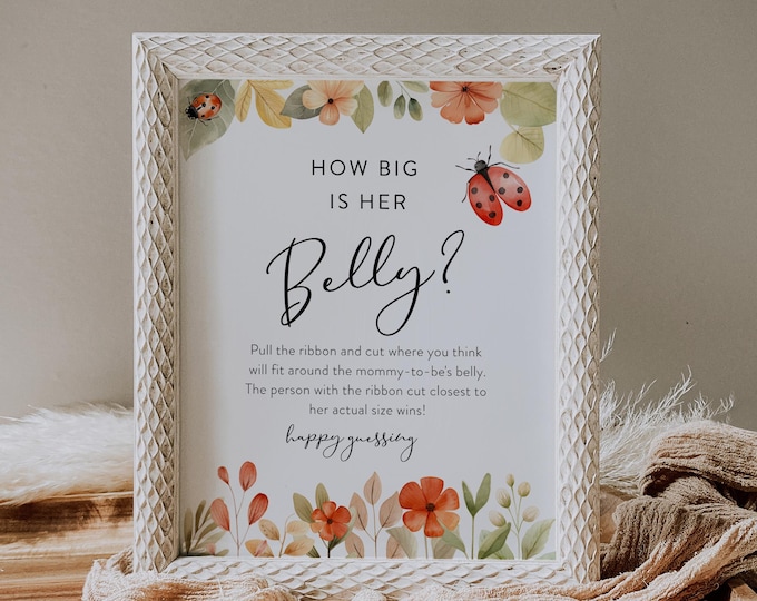 Ladybug How Big Is Her Belly Game, Love Bug Girl Baby Shower Sign, Ribbon Game, Editable Template, Printable, Instant, Templett #0069-22BAG
