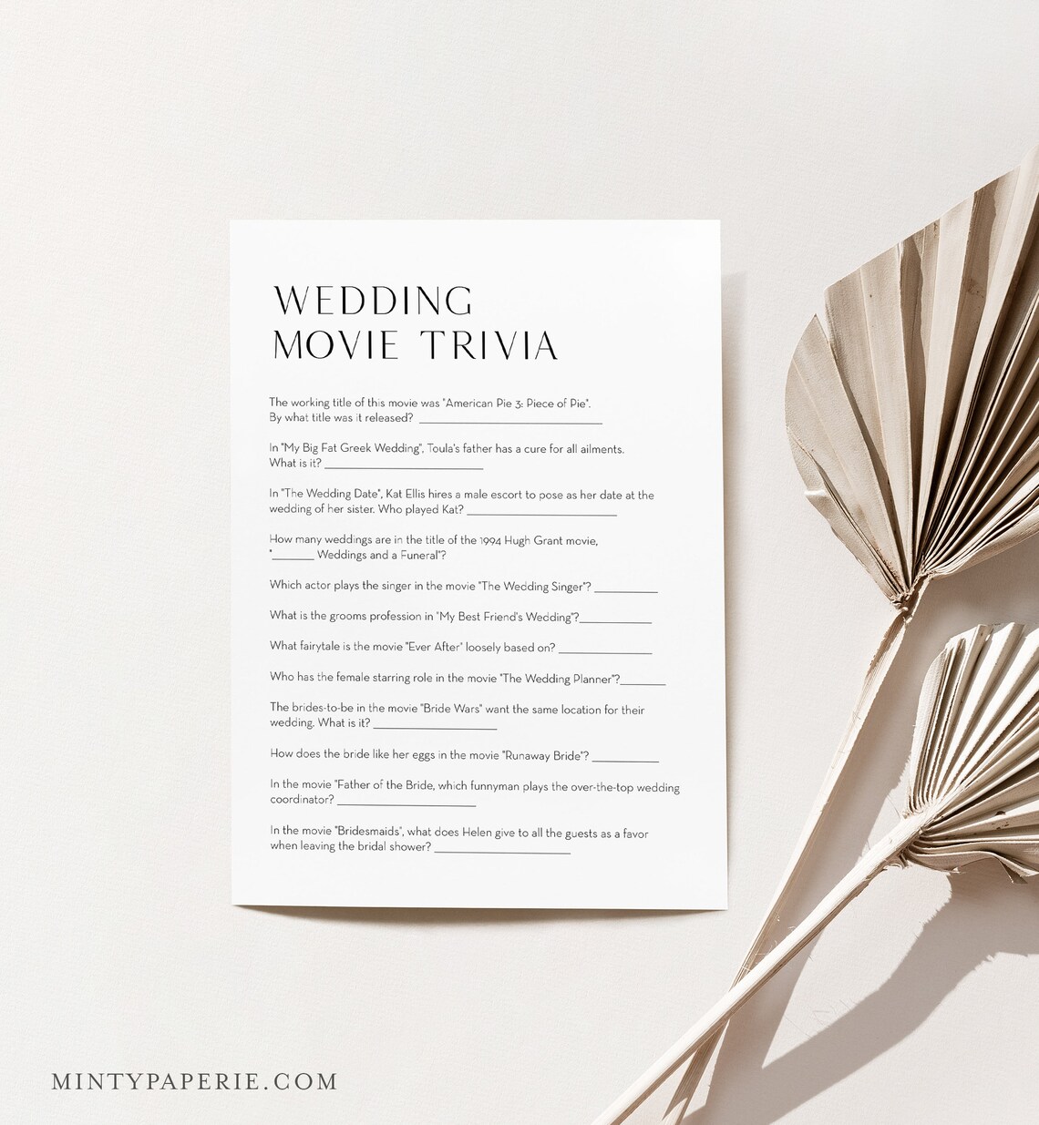 Wedding Movie Trivia Bridal Shower Game Template Minimalist Etsy