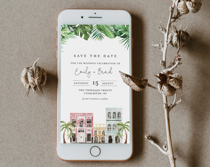 Charleston Save the Date, Electronic Invitation, Evite, Digital, Text Invite, INSTANT DOWNLOAD, 100% Editable Text, Templett #017B-116SDD