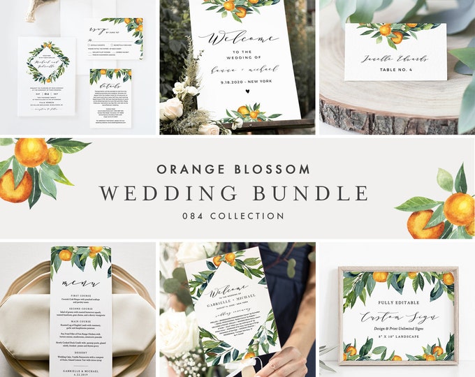 Citrus Wedding Bundle, Orange Blossom Wedding Essential Templates, Invitation Suite, Editable Text, Instant Download, Templett #084-BUNDLE