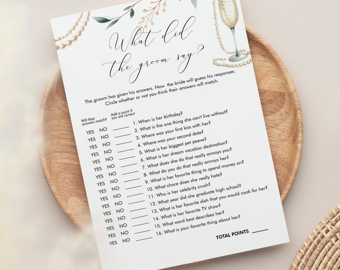 What Did the Groom Say, Pearls and Prosecco Bridal Shower Game, Printable, Editable Template, Instant Download, Templett  #0065-08BRG