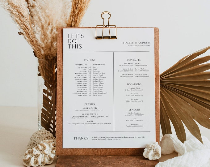 Modern Wedding Party Timeline, Schedule for Bridesmaid & Groomsmen, Bridal Itinerary, Order of Events, Editable Template #0026B-110BPT