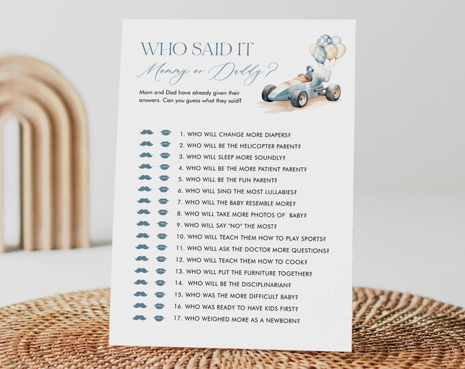 Who Said It, Mommy or Daddy Game, Vintage Race Car, Boy Baby Shower, Little Racer, Editable Template, Instant Download, Templett #0068-28BAG