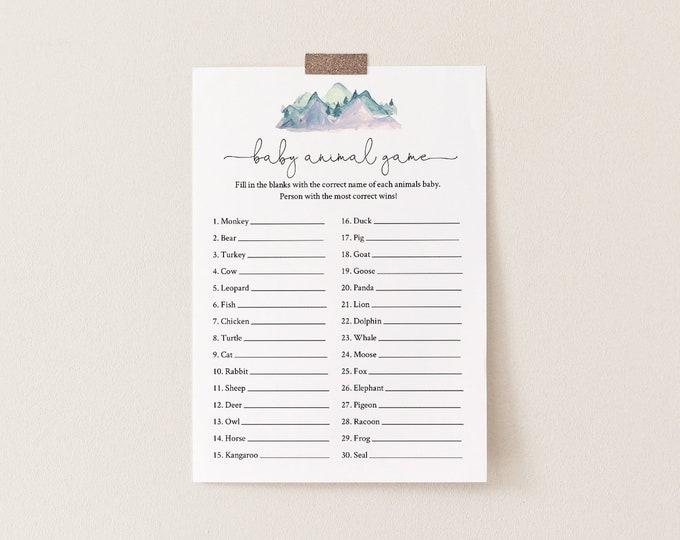 Baby Animal Game, Rustic Pine Mountain Baby Shower Game Template, Editable Text, Printable, Instant Download, Templett, DIY #063-132BASG