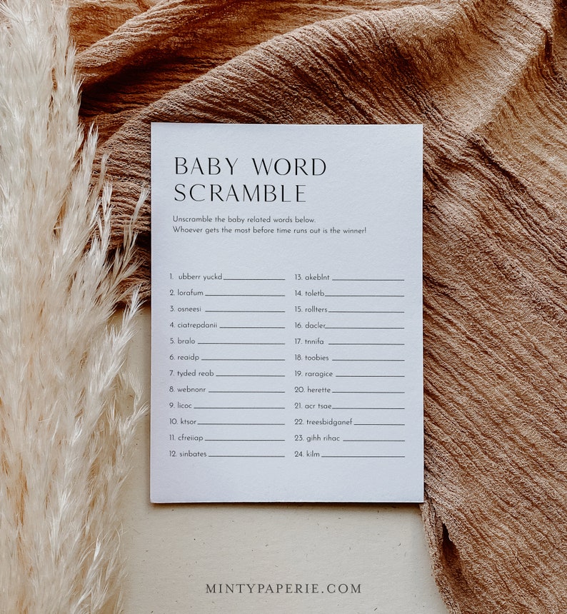 Baby Word Scramble Game, Printable Minimalist Baby Word Puzzle, Baby Shower Game, Editable Template, Instant Download 0026-236BASG image 2
