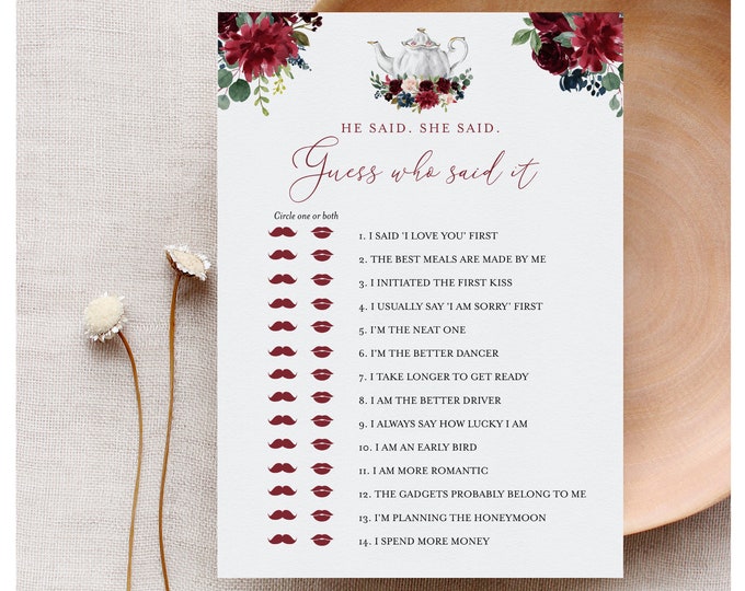 He Said She Said Bridal Shower Game, Guess Who Said It, Tea Bridal Shower Game, Editable Template, Instant Download, Templett #085B-239BG