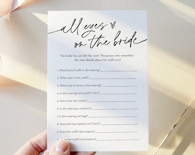 All Eyes on the Bride Game, Minimalist Bridal Shower Game, Guess the Brides Outfit, Editable Template, Instant Download, Templett 0032-17BRG