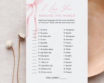 I love You Around the World, Coquette Bow Bridal Shower Game, Pink Ribbon, Couples Shower, Editable Template, Instant Download #0057-23BRG