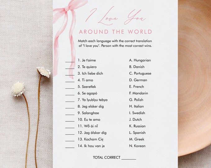 I love You Around the World, Coquette Bow Bridal Shower Game, Pink Ribbon, Couples Shower, Editable Template, Instant Download #0057-23BRG
