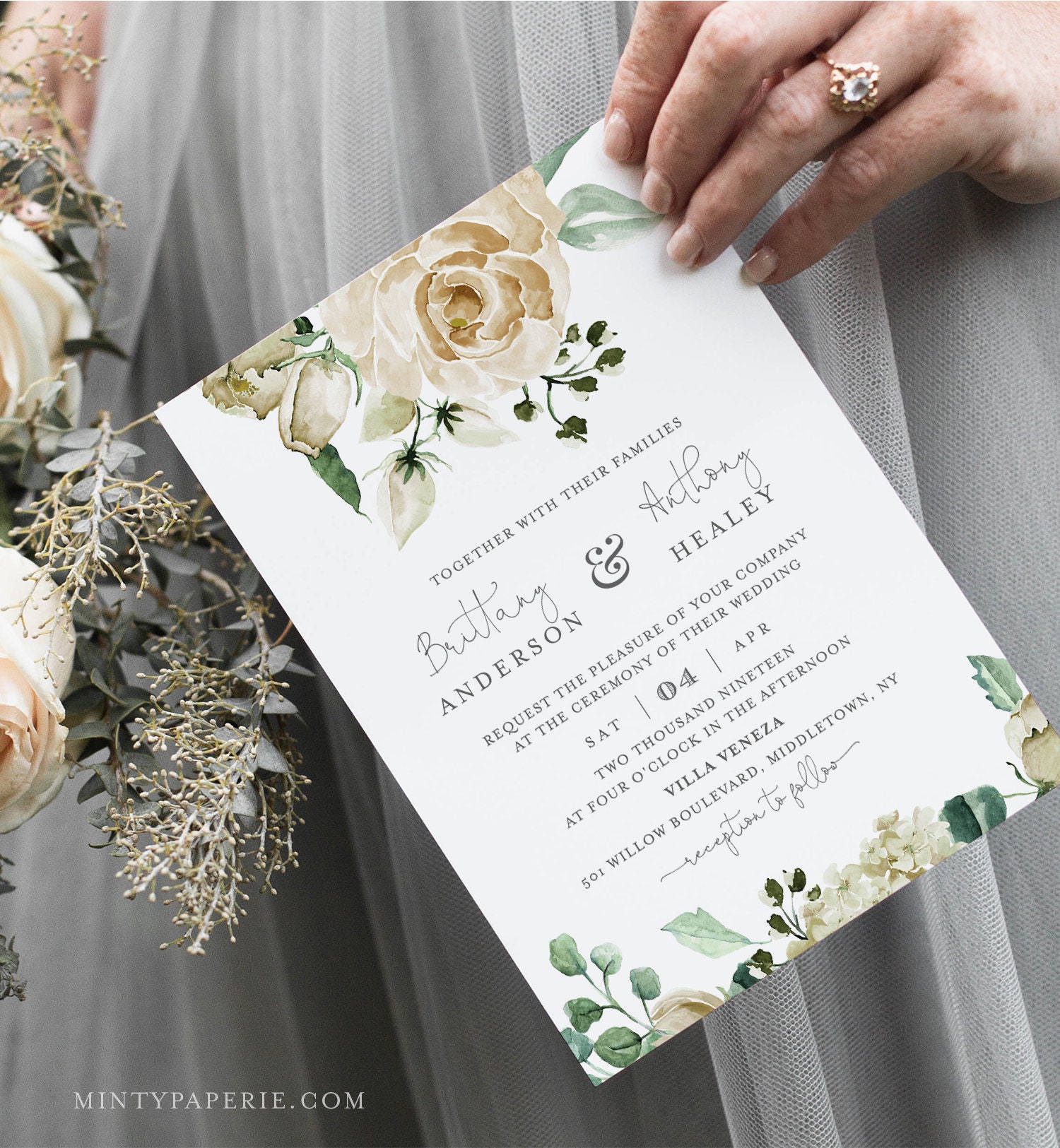 Boho Wedding Invitation Template, Cream Floral, 100% Editable Text, Printable Invite, RSVP and