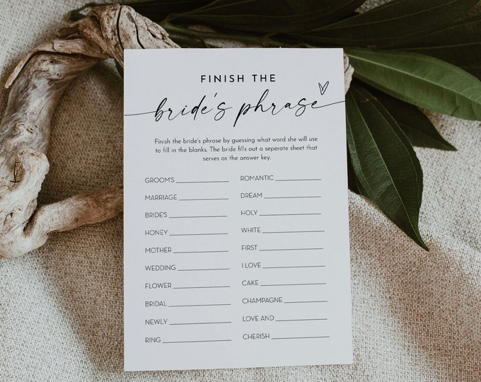 Finish the Brides Phrase Game, Bridal Shower Game, Printable Minimalist Shower Game, Editable Template, Instant, Templett #0034W-18BRG