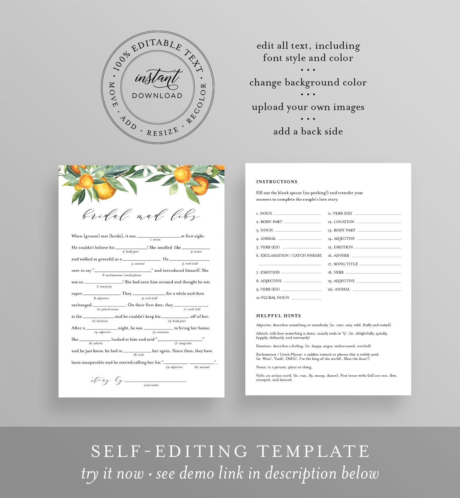 Mad Libs Bridal Shower Game, Printable Summer Bridal Shower Funny Game