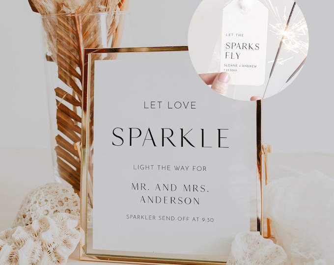 Sparkler Send Off Sign and Tag, Modern Minimalist Wedding, 100% Editable Template, Personalize Sparkler Sign and Tag, Templett #0026B-102SPR