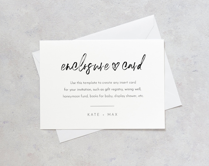 Modern Script Enclosure Card, Minimalist Wedding Invitation Insert, Baby Shower Insert, Editable Details & Info, Instant Download #090-161EC