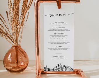 Boston Menu, Printable Boston MA City Skyline Wedding Dinner Menu Card, Editable Template, Instant Download, Templett #0047-231WM