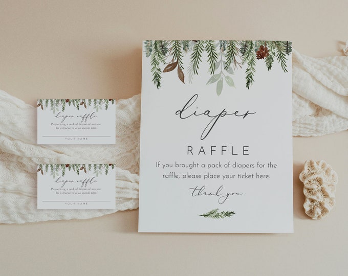 Baby Diaper Raffle Game, Winter Pine, Gender Neutral Baby Shower Game, Raffle Ticket Insert and Sign, Instant Download #0017-112DR