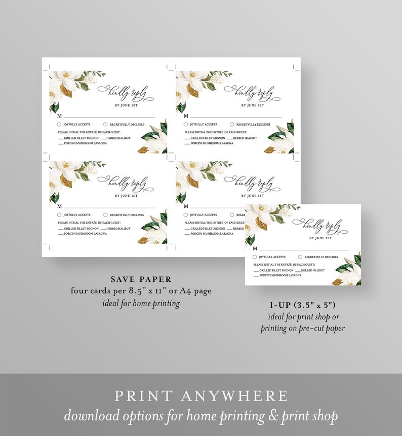 Puede incluir: Cuatro tarjetas RSVP florales blancas y doradas con el texto "Kindly Reply by June 1st". Las tarjetas est&aacute;n dise&ntilde;adas para la impresi&oacute;n en casa e incluyen una opci&oacute;n de guardar la fecha para imprimir cuatro tarjetas por p&aacute;gina de 21,6 x 27,9 cm.
