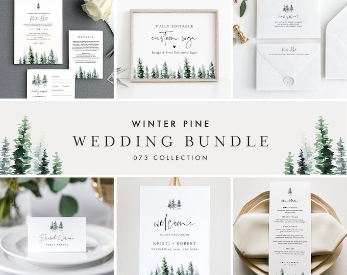Pine Wedding Bundle, Rustic Winter Wedding Invitation Suite, Editable Templates, Instant Download, Templett #073-BUNDLE
