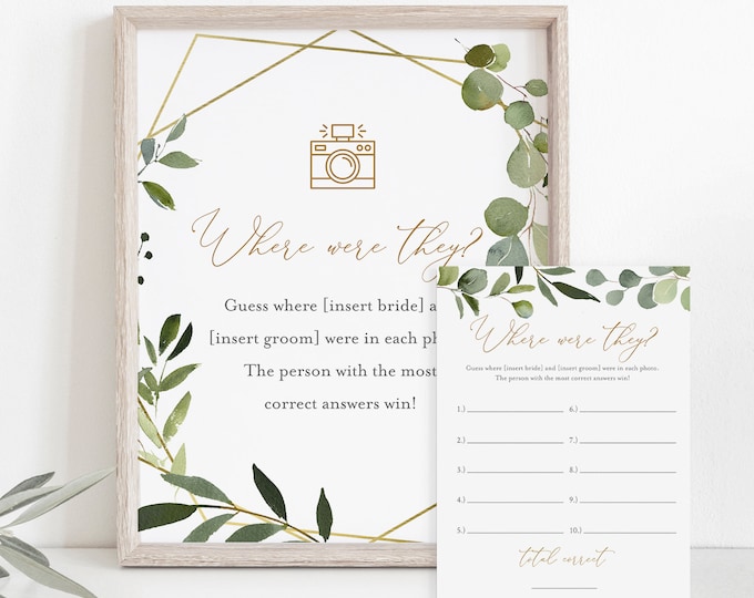 Where Were They Bridal Shower Game Template, Couples Photo Game, Greenery Bridal Shower, Editable, Instant Download, Templett #056-381BG