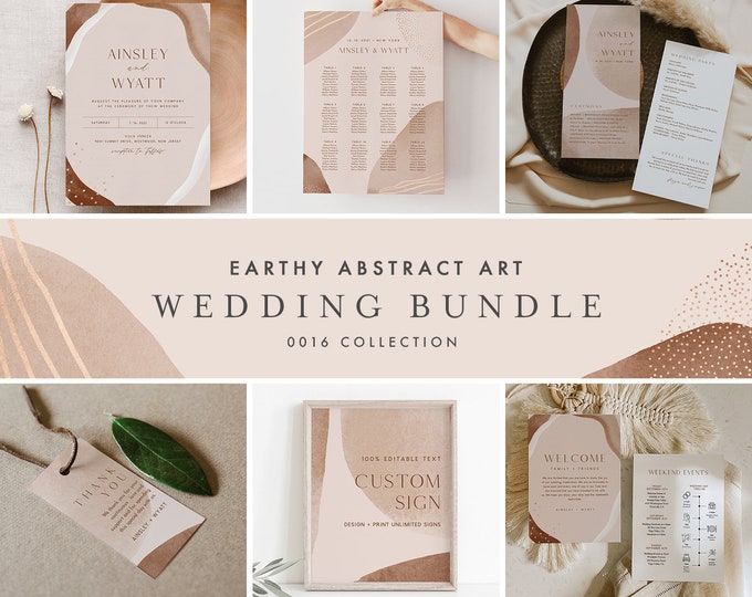 Wedding Bundle, Earthy Abstract Art Wedding Essential Templates, Invitation Suite, Editable Text, Instant Download, Templett #0016-BUNDLE