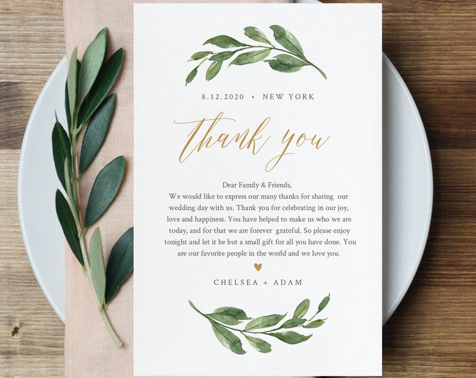 Greenery Thank You Note Template, Editable Wedding In Lieu of Favor Card, Printable Napkin Thank You Card, INSTANT DOWNLOAD #067-128TYN