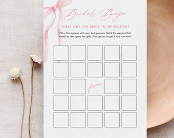 Bridal Bingo Game, Coquette Pink Bow Ribbon Bridal Shower Game Printable, Editable Template, Instant Download, Templett, 5x7 #0057-01BRG