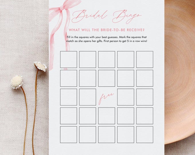 Bridal Bingo Game, Coquette Pink Bow Ribbon Bridal Shower Game Printable, Editable Template, Instant Download, Templett, 5x7 #0057-01BRG