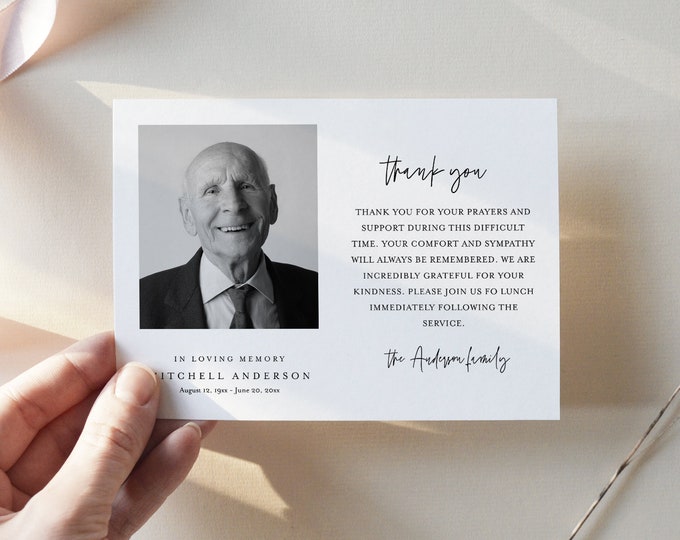 Funeral Thank You Card, Minimalist Sympathy Card, Photo Memorial Card, Printable, Instant Download, Editable Text, Templett #0009-102FTY
