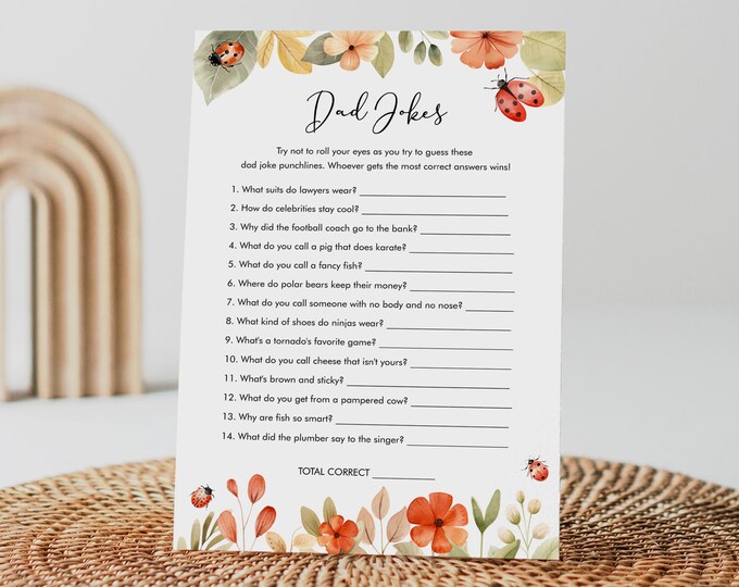 Funny Dad Jokes Game, Ladybug Girl Baby Shower, Love Bug, Riddle, Trivia, Editable Template, Instant Download, Templett 5x7 #0069-03BAG