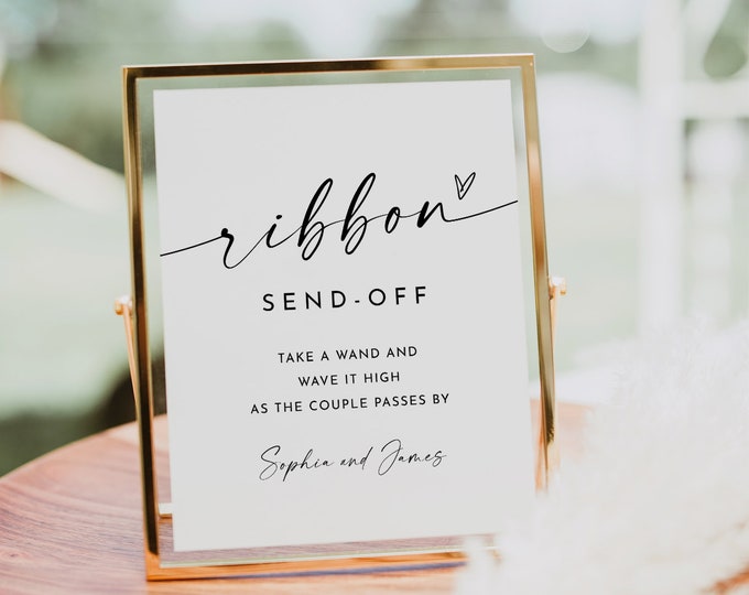 Ribbon Send Off Sign, Printable Minimalist Wedding Streamer, Wave a Wand, Editable Template, Instant Download, Templett, 8x10 #0034W-76S