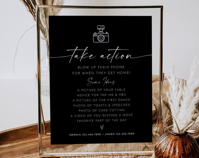 Take Action Sign, Blow Up Their Phones, I Spy Wedding Game, Classic Black, Editable Template, Instant Download, Templett, 8x10 #0034B-38S