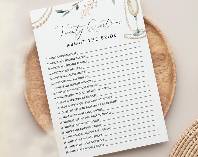 20 Questions About the Bride, Pearls and Prosecco Bridal Shower Game, How Well Do You Know the Bride, Editable Template, Templett 0065-33BRG